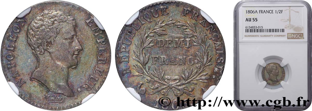 Demi-franc Napoléon Empereur, Calendrier grégorien 1806 Paris F.175/1 SUP55 NGC