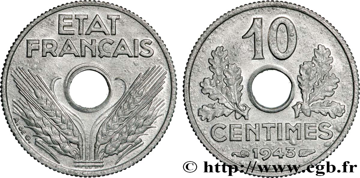 10 centimes État français, petit module 1943  F.142/2 SPL63 