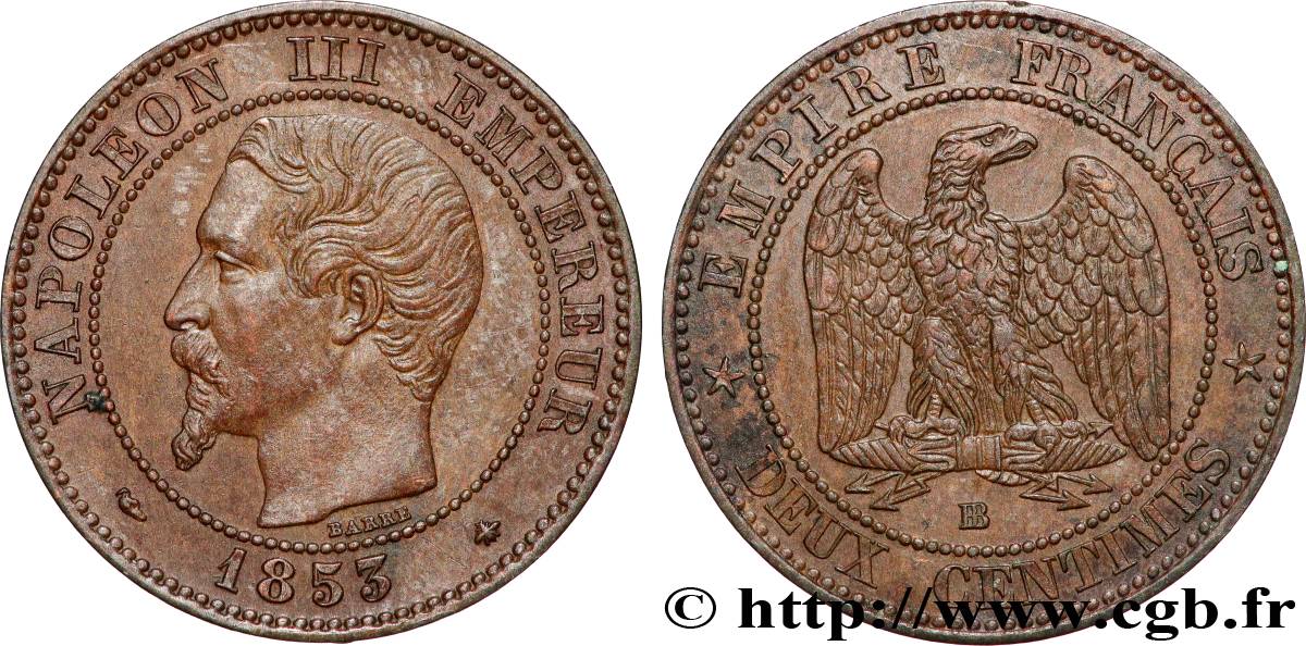 Deux centimes Napoléon III, tête nue 1853 Strasbourg F.107/3 SUP55 