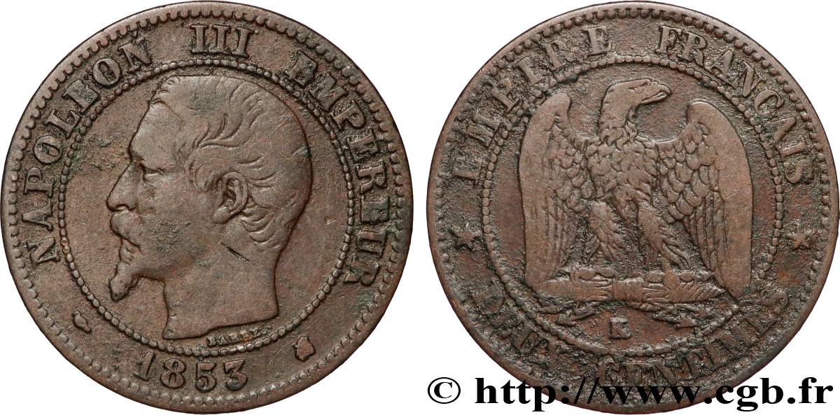 Deux centimes Napoléon III, tête nue 1853 Bordeaux F.107/6 VF 