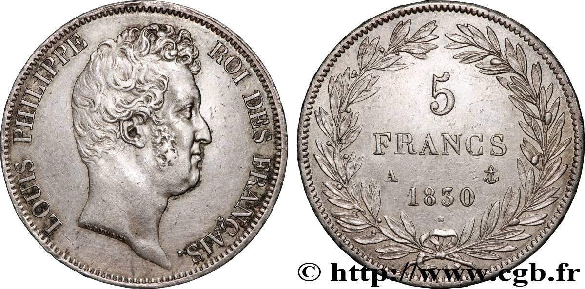 5 francs type Tiolier sans le I, tranche en relief 1830  Paris F.314/1 SUP 