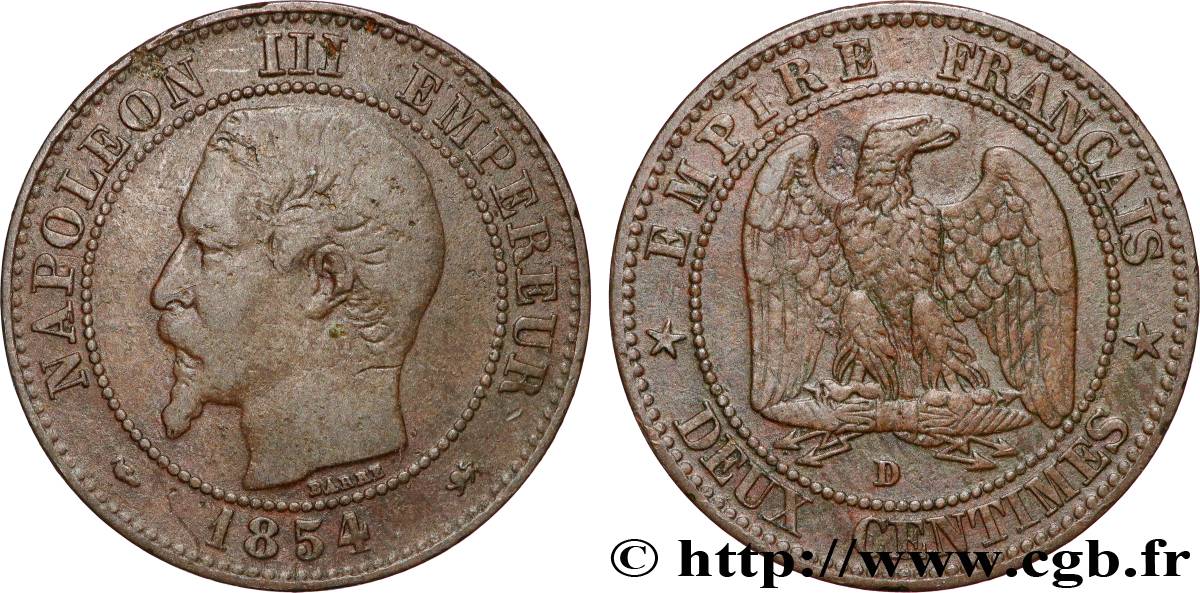 Deux centimes Napoléon III, tête nue 1854 Lyon F.107/15 TB 