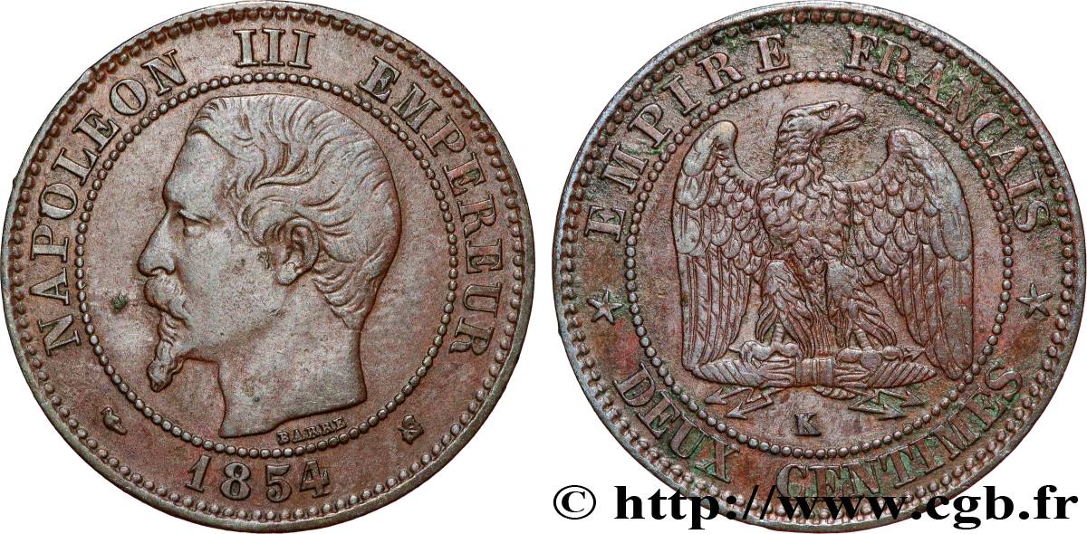 Deux centimes Napoléon III, tête nue 1854 Bordeaux F.107/16 VF 