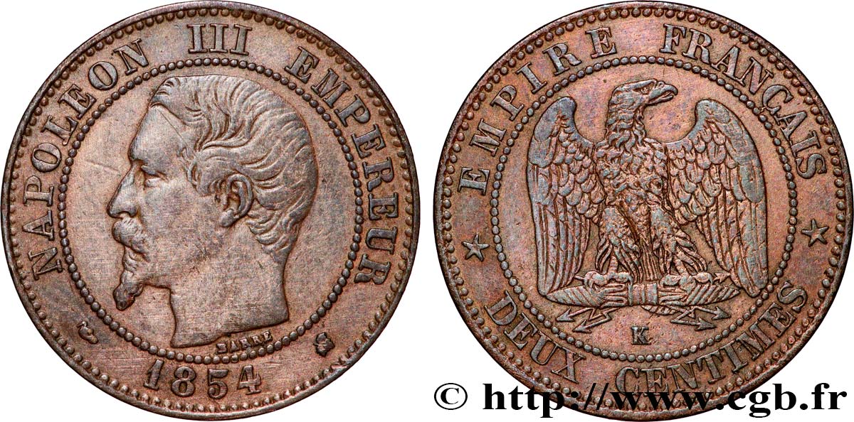 Deux centimes Napoléon III, tête nue 1854 Bordeaux F.107/16 VF 