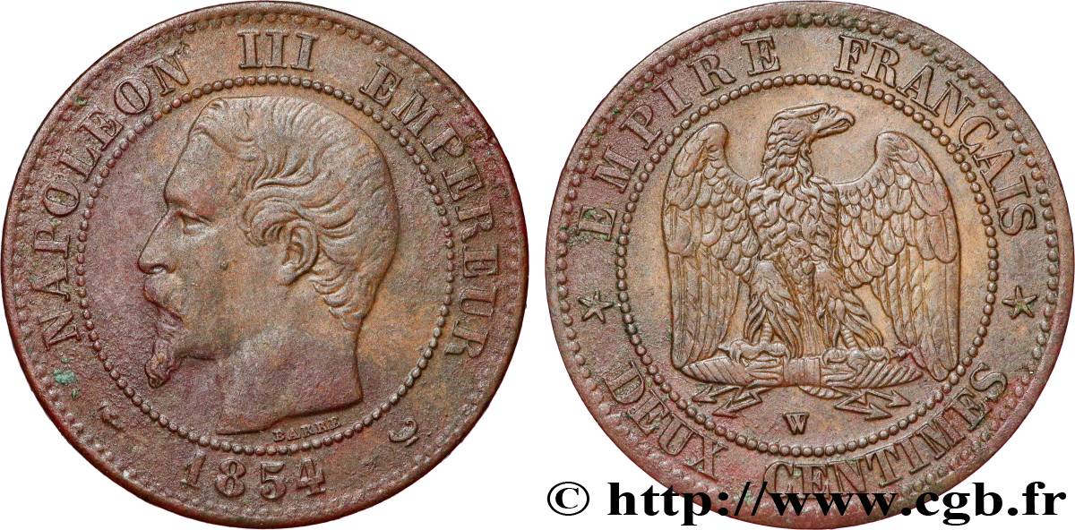 Deux centimes Napoléon III, tête nue 1854 Lille F.107/18 VF 