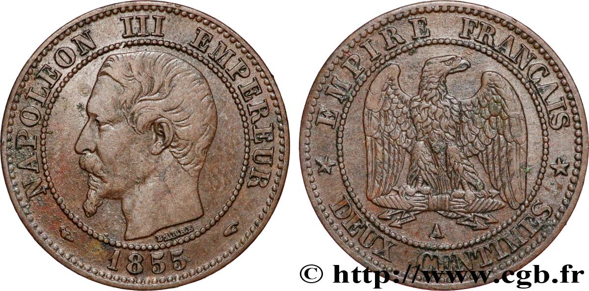 Deux centimes Napoléon III, tête nue 1855 Paris F.107/19 XF40 