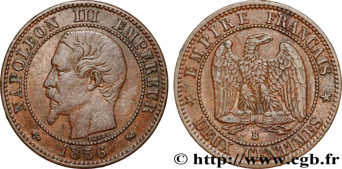 Deux centimes Napoléon III, tête nue 1856 Rouen F.107/39 TTB 