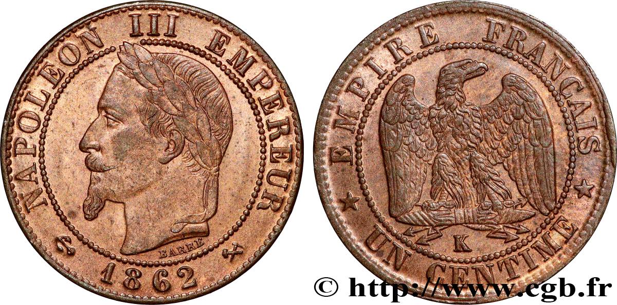 Un centime Napoléon III, tête laurée 1862 Bordeaux F.103/7 SUP60 