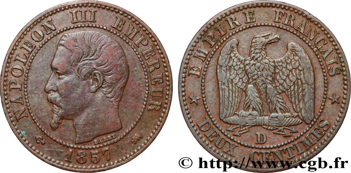 Deux centimes Napoléon III, tête nue 1857 Lyon F.107/47 TTB 