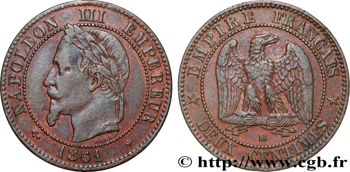 Deux centimes Napoléon III, tête laurée 1861 Strasbourg F.108A/2 VF 