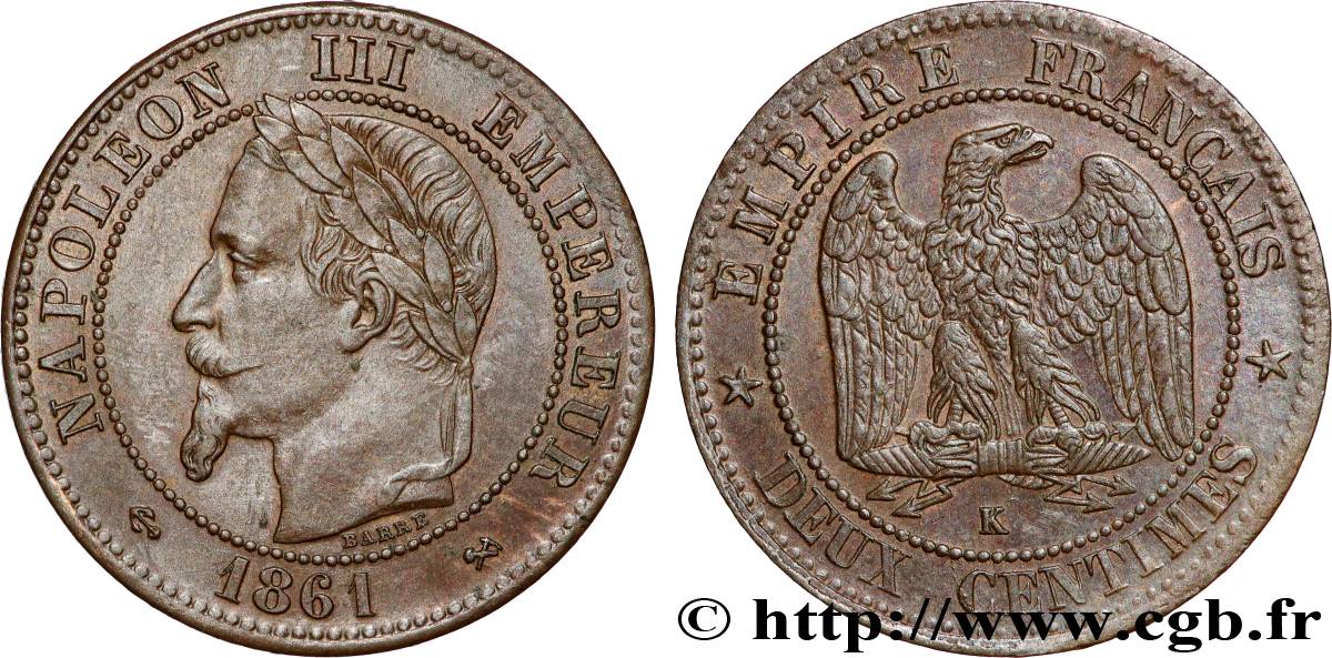 Deux centimes Napoléon III, tête laurée 1861 Bordeaux F.108A/3 AU55 