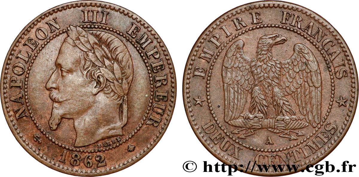 Deux centimes Napoléon III, tête laurée, buste définitif 1862 Paris F.108A/4 MBC 