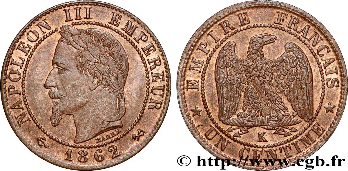 Un centime Napoléon III, tête laurée 1862 Bordeaux F.103/7 SUP61 