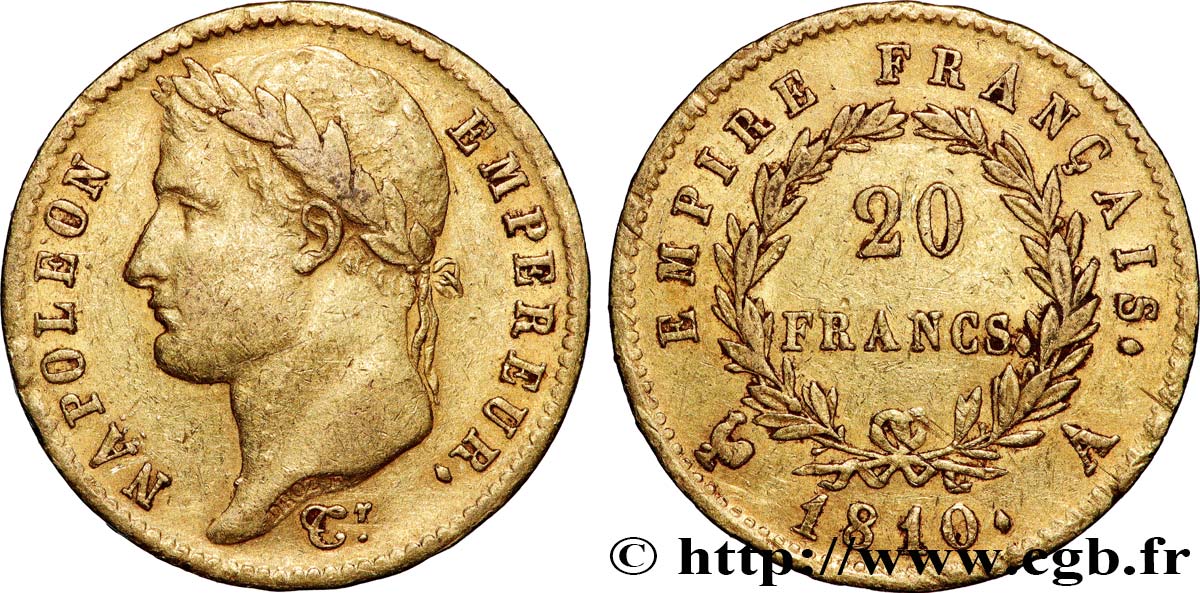 20 francs or Napoléon tête laurée, Empire français 1810 Paris F.516/8 TTB 