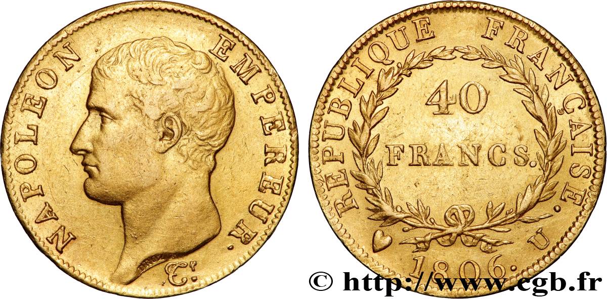 40 francs or Napoléon tête nue, Calendrier grégorien 1806 Turin F.538/4 TTB+ 