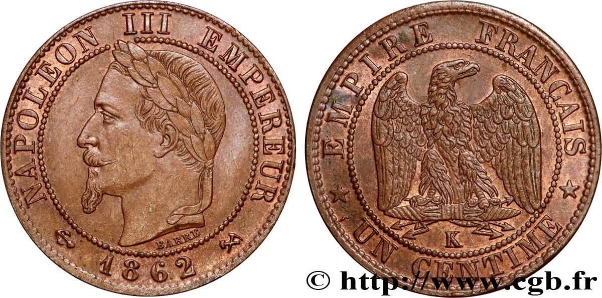 Un centime Napoléon III, tête laurée 1862 Bordeaux F.103/7 SUP58 