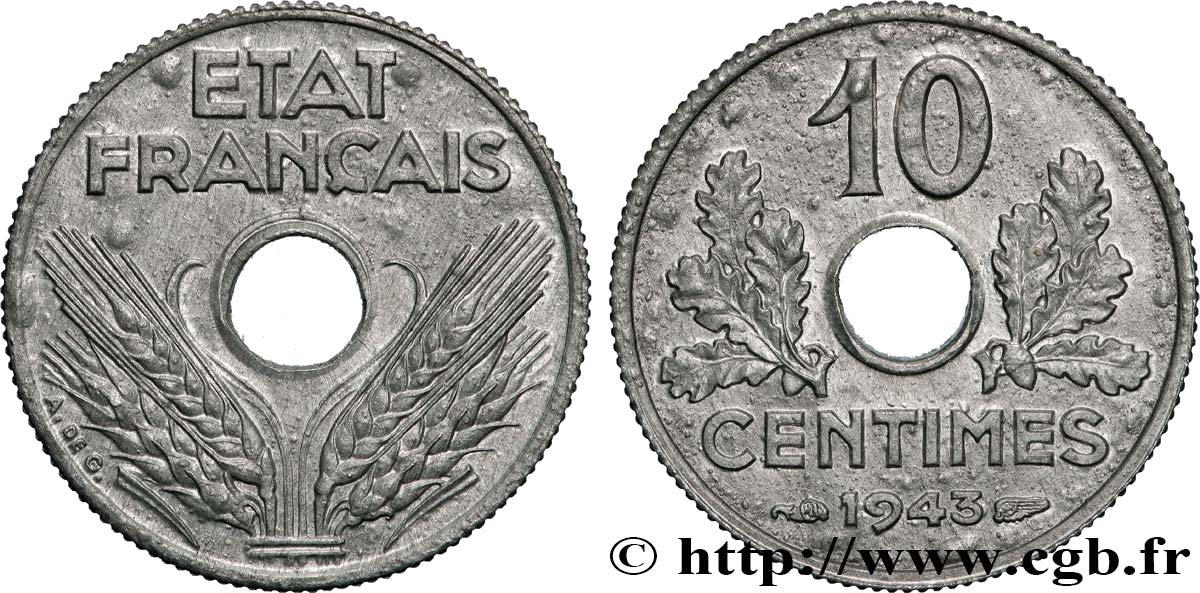 10 centimes État français, petit module 1943  F.142/2 SPL63 