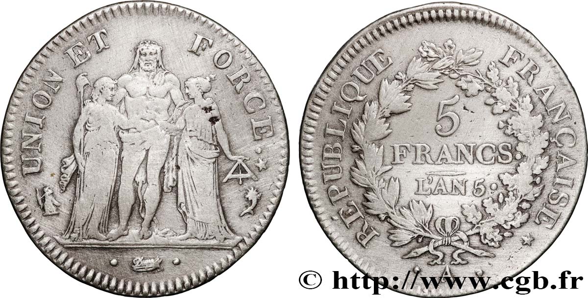 5 francs Union et Force, Union desserré, avec glands intérieurs et gland extérieur 1797 Paris F.291/5 TB+ 