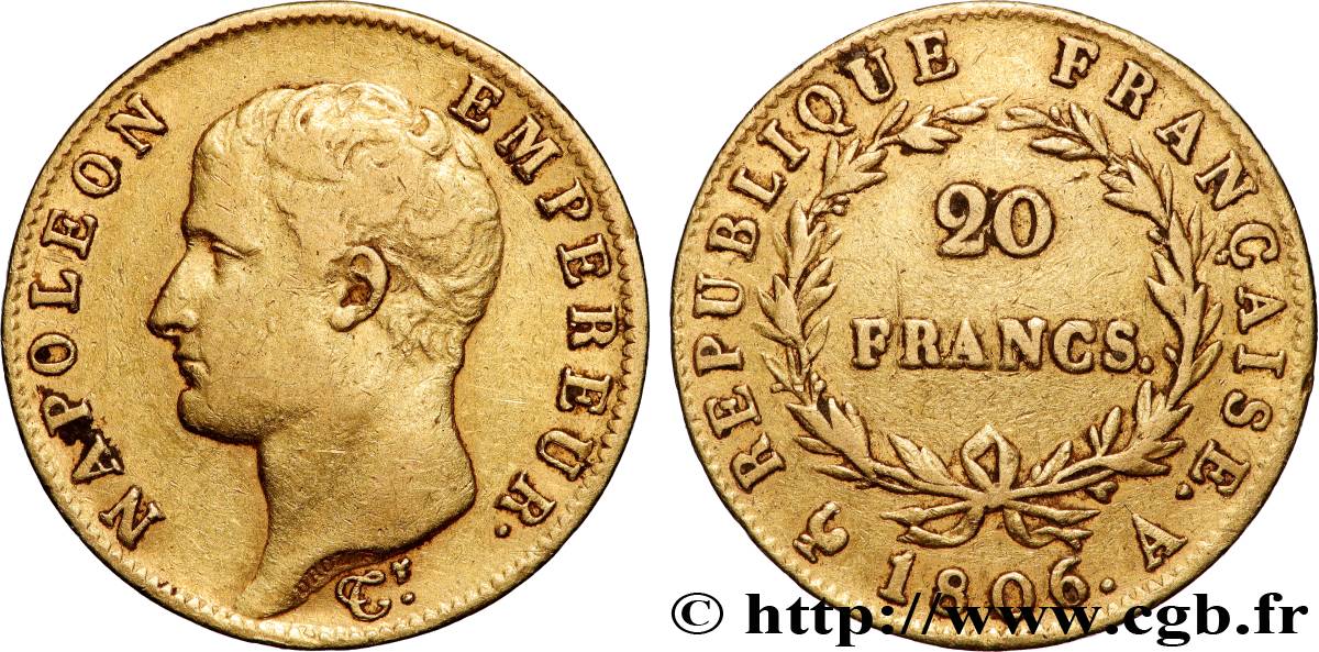 20 francs or Napoléon tête nue, Calendrier grégorien 1806 Paris F.513/1 TB+ 