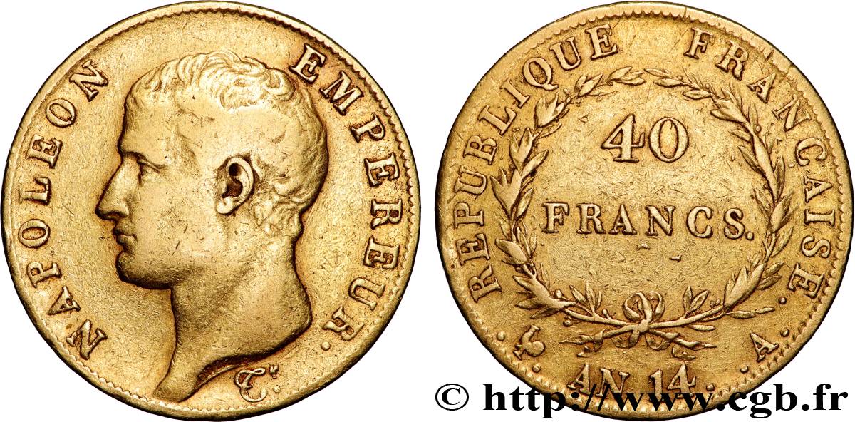 40 francs or Napoléon tête nue, Calendrier révolutionnaire 1805 Paris F.537/2 TB 