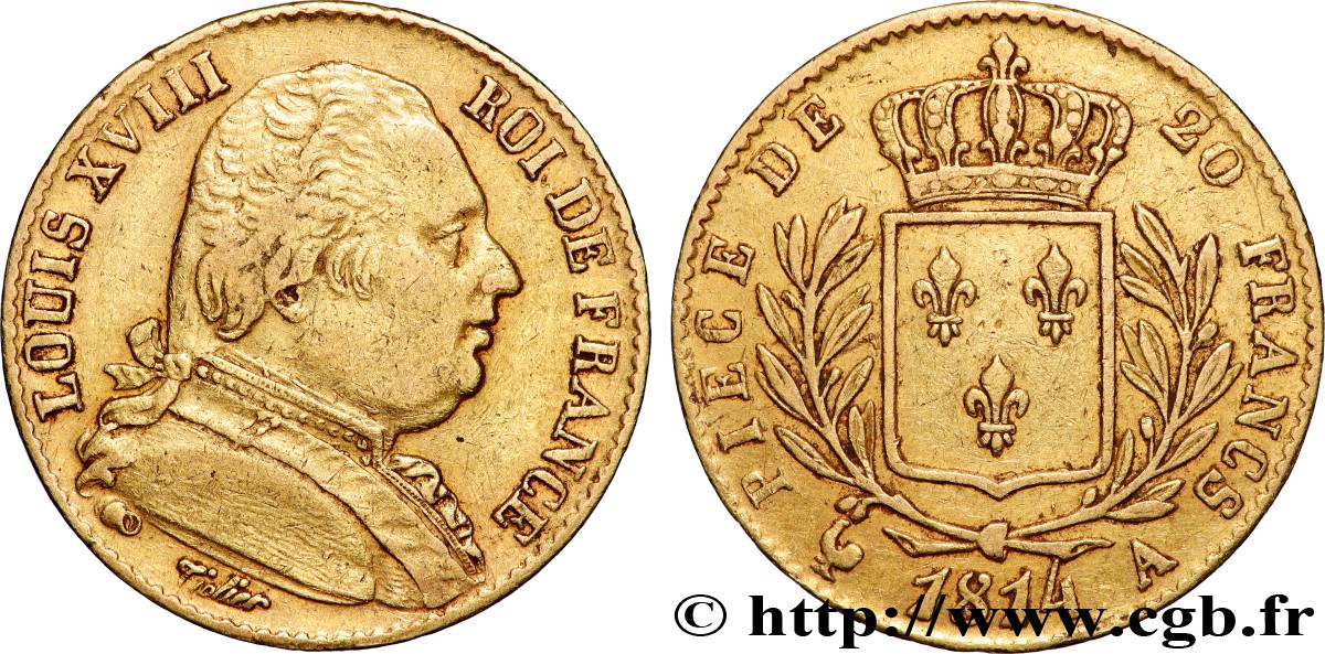 20 francs or Louis XVIII, buste habillé 1814 Paris F.517/1 TB+ 