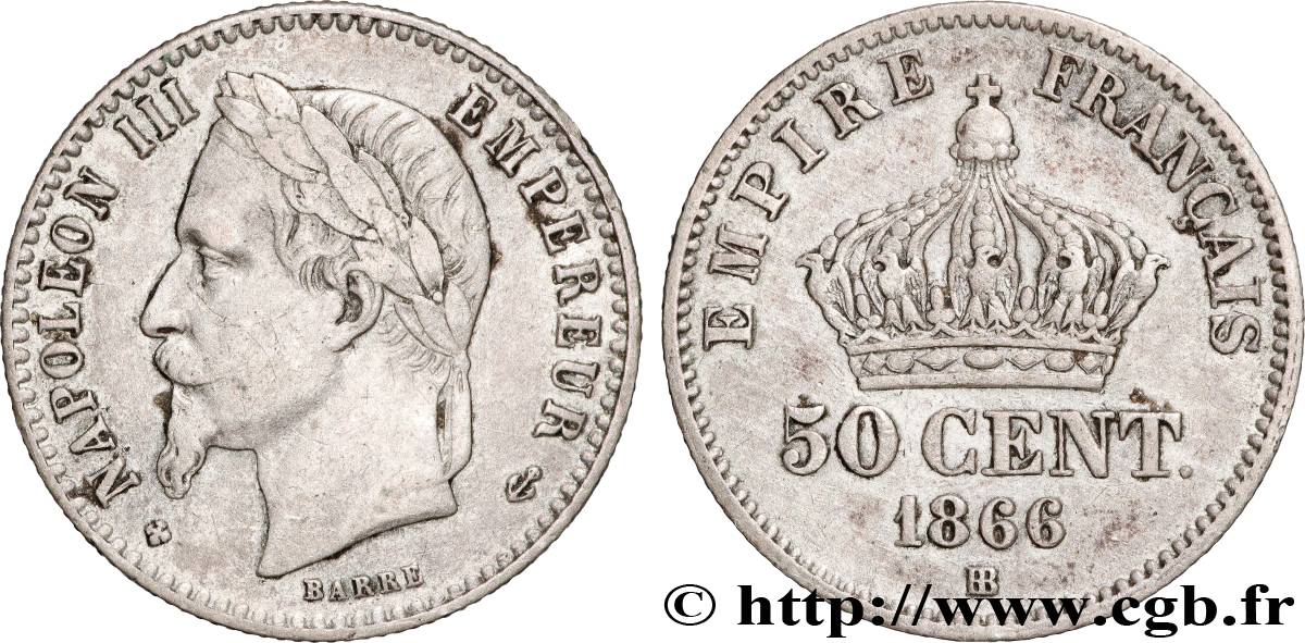 50 centimes Napoléon III, tête laurée 1866 Strasbourg F.188/10 TB+ 