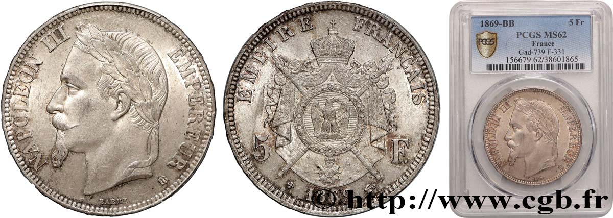 5 francs Napoléon III, tête laurée 1869 Strasbourg F.331/15 SUP62 PCGS