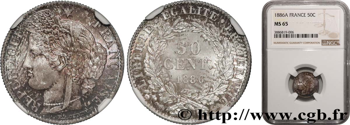 50 centimes Cérès, IIIe République 1886 Paris F.189/11 FDC65 NGC