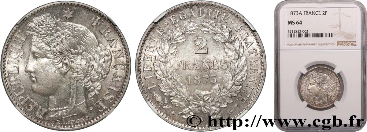 2 francs Cérès, avec légende 1873 Paris F.265/10 SPL64 NGC