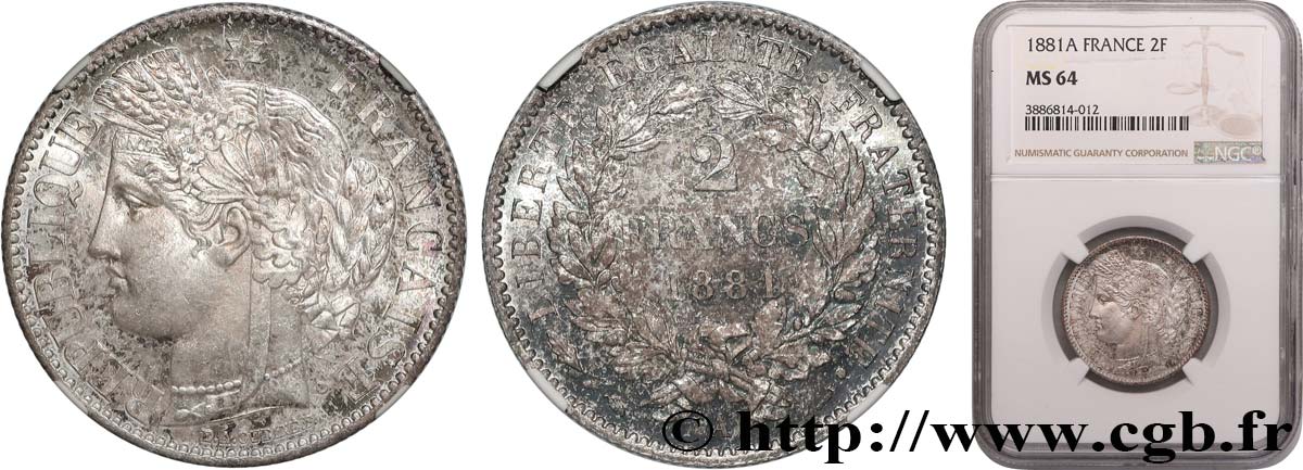 2 francs Cérès, avec légende 1881 Paris F.265/12 SPL64 NGC