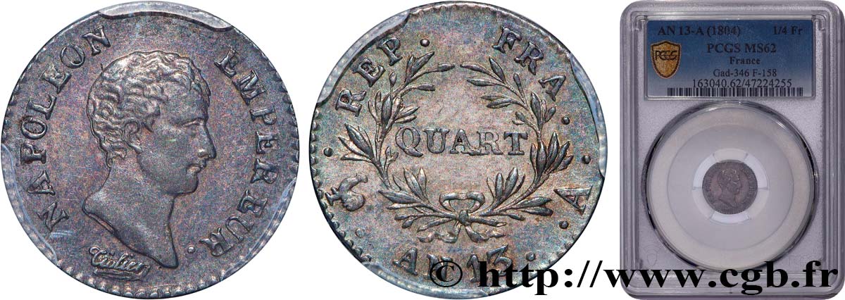 Quart (de franc) Napoléon Empereur, Calendrier révolutionnaire 1805 Paris F.158/8 SUP62 PCGS