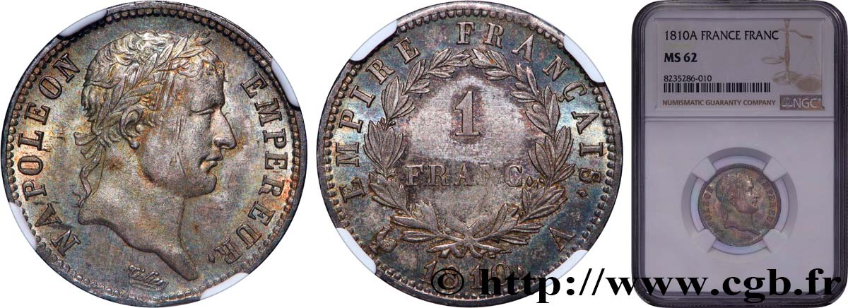 1 franc Napoléon Ier tête laurée, Empire français 1810 Paris F.205/12 MS62 NGC