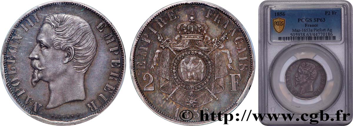 Piéfort de 2 francs Napoléon III, tête nue 1856  Maz.1653 a SPL63 PCGS