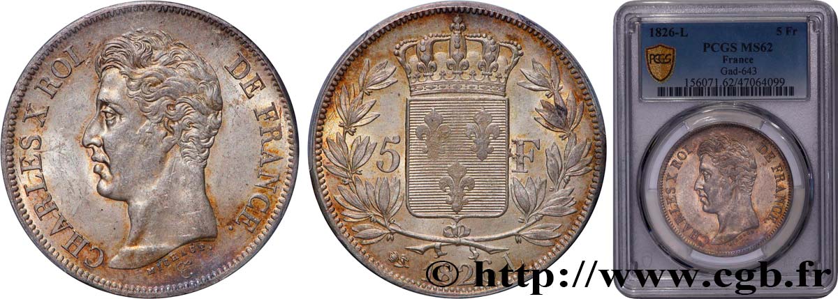 5 francs Charles X, 1er type 1826 Bayonne F.310/22 SUP62 PCGS