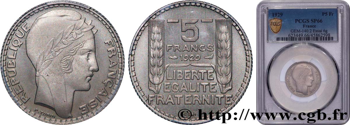 Essai de 5 Francs Turin en nickel 1929  GEM.140 2 FDC66 PCGS