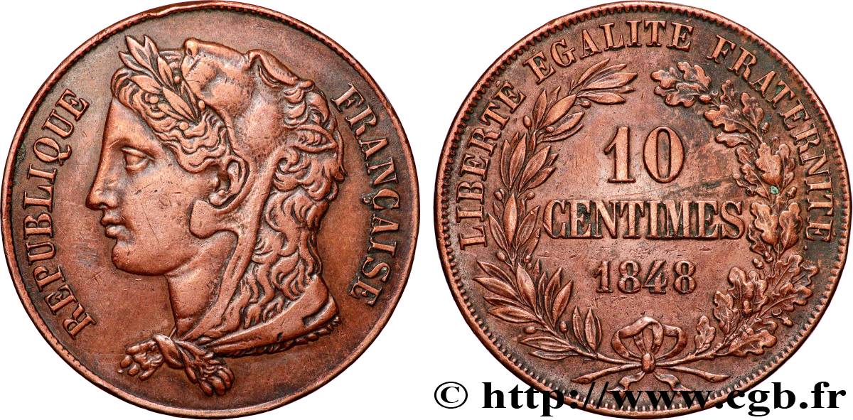 Concours de 10 centimes, essai en cuivre par Gayrard, deuxième concours, premier avers, premier revers 1848 Paris VG.3142 var. TTB 