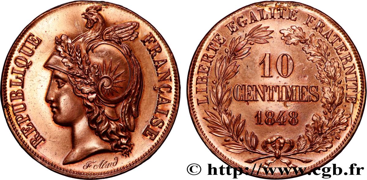 Concours de 10 centimes, essai en cuivre par Alard, premier revers, frappe médaille 1848 Paris VG.3130 var. SUP 