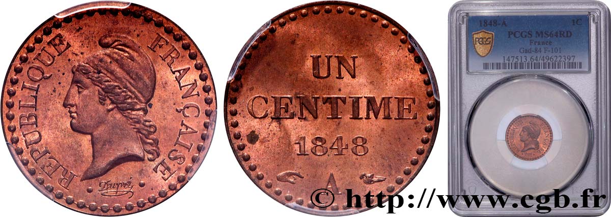 Un centime Dupré, IIe République 1848 Paris F.101/1 SPL64 PCGS