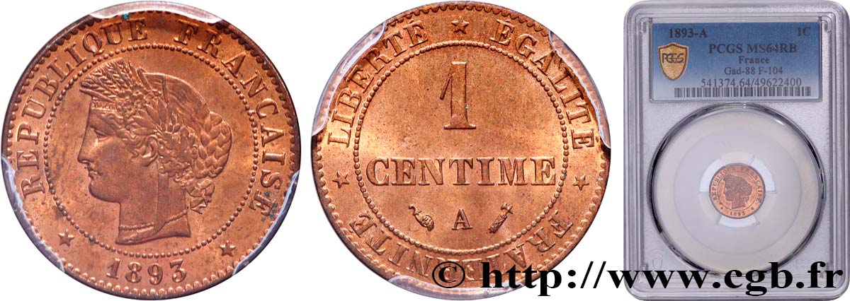 1 centime Cérès 1893 Paris F.104/20 SPL64 PCGS