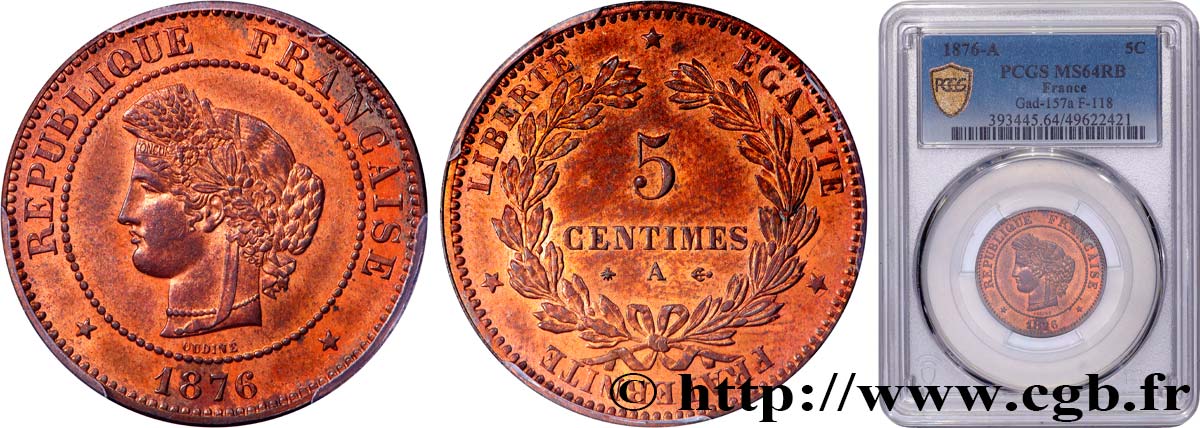 5 centimes Cérès 1876 Paris F.118/13 MS64 PCGS