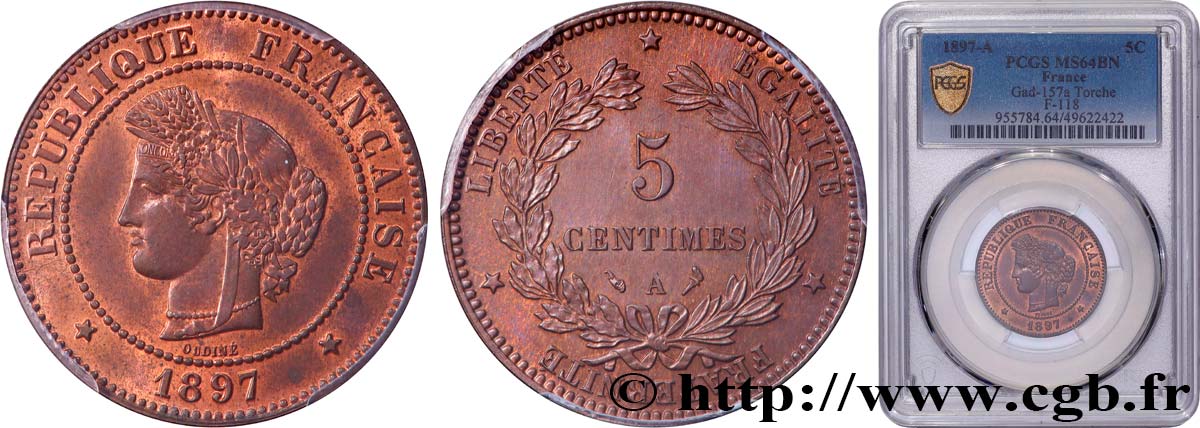 5 centimes Cérès 1897 Paris F.118/39 SPL64 PCGS