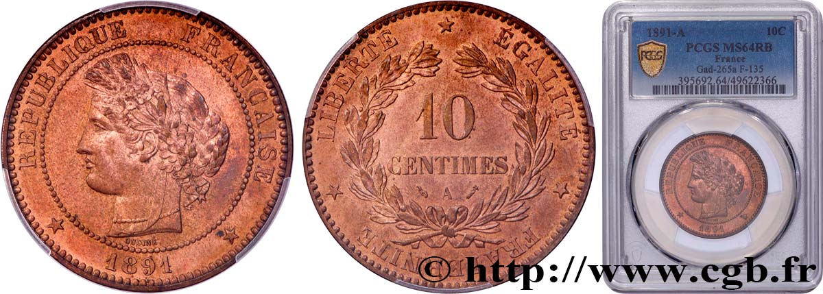 10 centimes Cérès 1891 Paris F.135/36 SPL64 PCGS