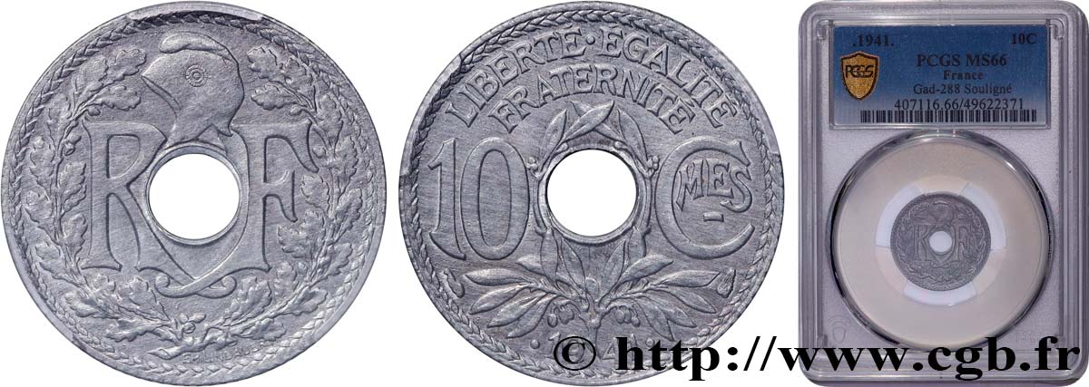 10 centimes Lindauer en zinc, Cmes souligné et millésime avec points 1941  F.140/2 FDC66 PCGS