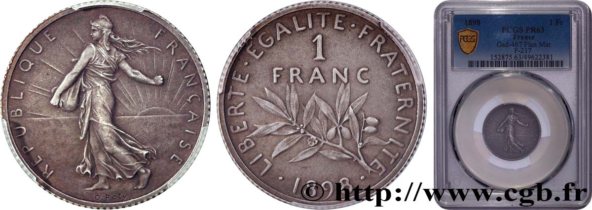 1 franc Semeuse, flan mat, vieil argent 1898 Paris F.217/2 SPL63 PCGS