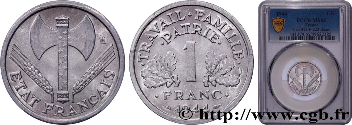 1 franc Francisque, légère 1944  F.223/5 FDC65 PCGS