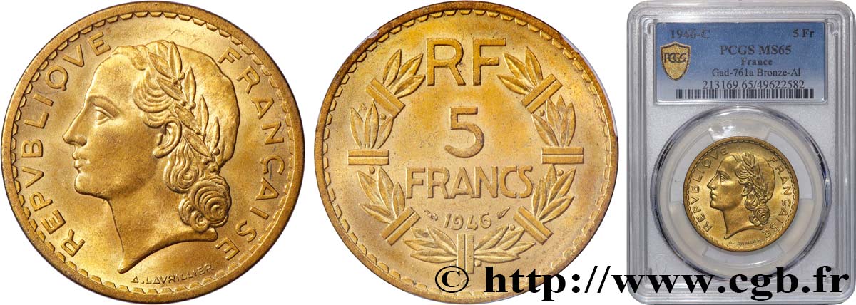 5 francs Lavrillier, bronze-aluminium 1946 Castelsarrasin F.337/8 MS65 PCGS