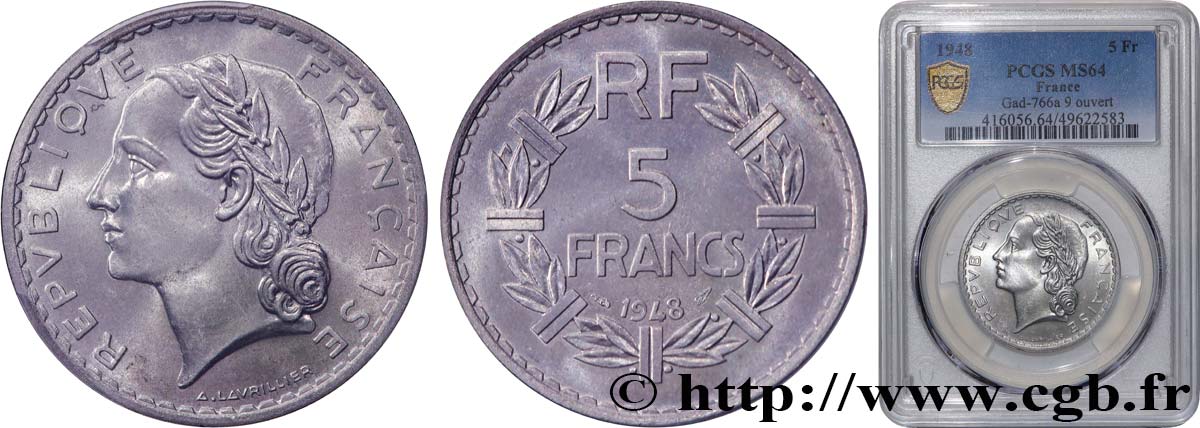 5 francs Lavrillier, aluminium, 9 ouvert 1948  F.339/13 SC64 PCGS