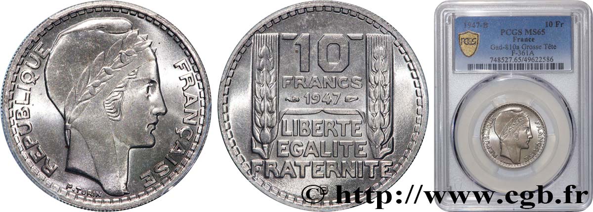 10 francs Turin, grosse tête 1947 Beaumont-Le-Roger F.361A/5 MS65 PCGS