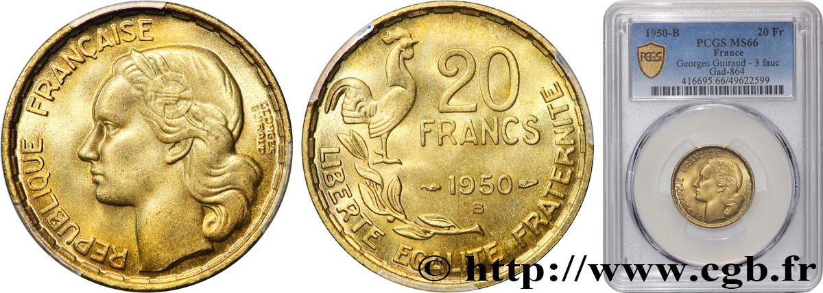 20 francs Georges Guiraud, 3 faucilles 1950 Beaumont-Le-Roger F.401/2 MS66 PCGS