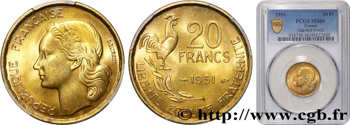 20 francs G. Guiraud 1951  F.402/7 MS66 PCGS